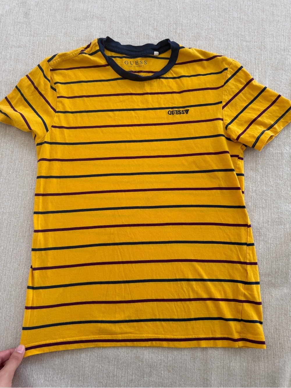 GUESS Yellow Crewneck T-Shirt with Navy and Burgundy Stripes - Picture 2 of 3